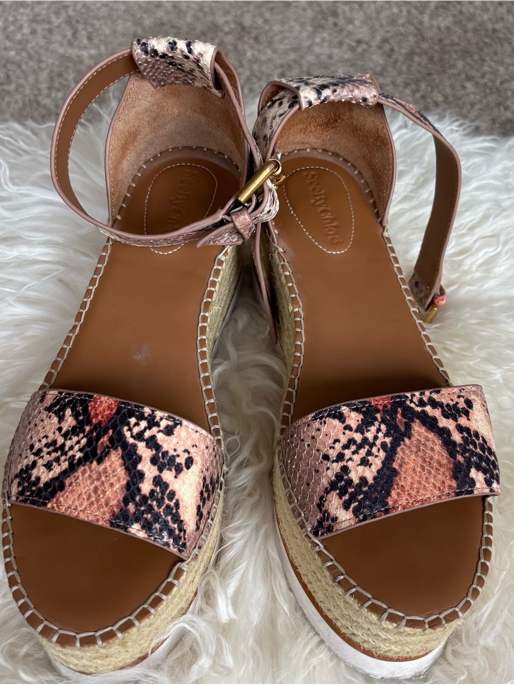 See By Chloé Pink Snake-Print Espadrille Wedges leather sz 39